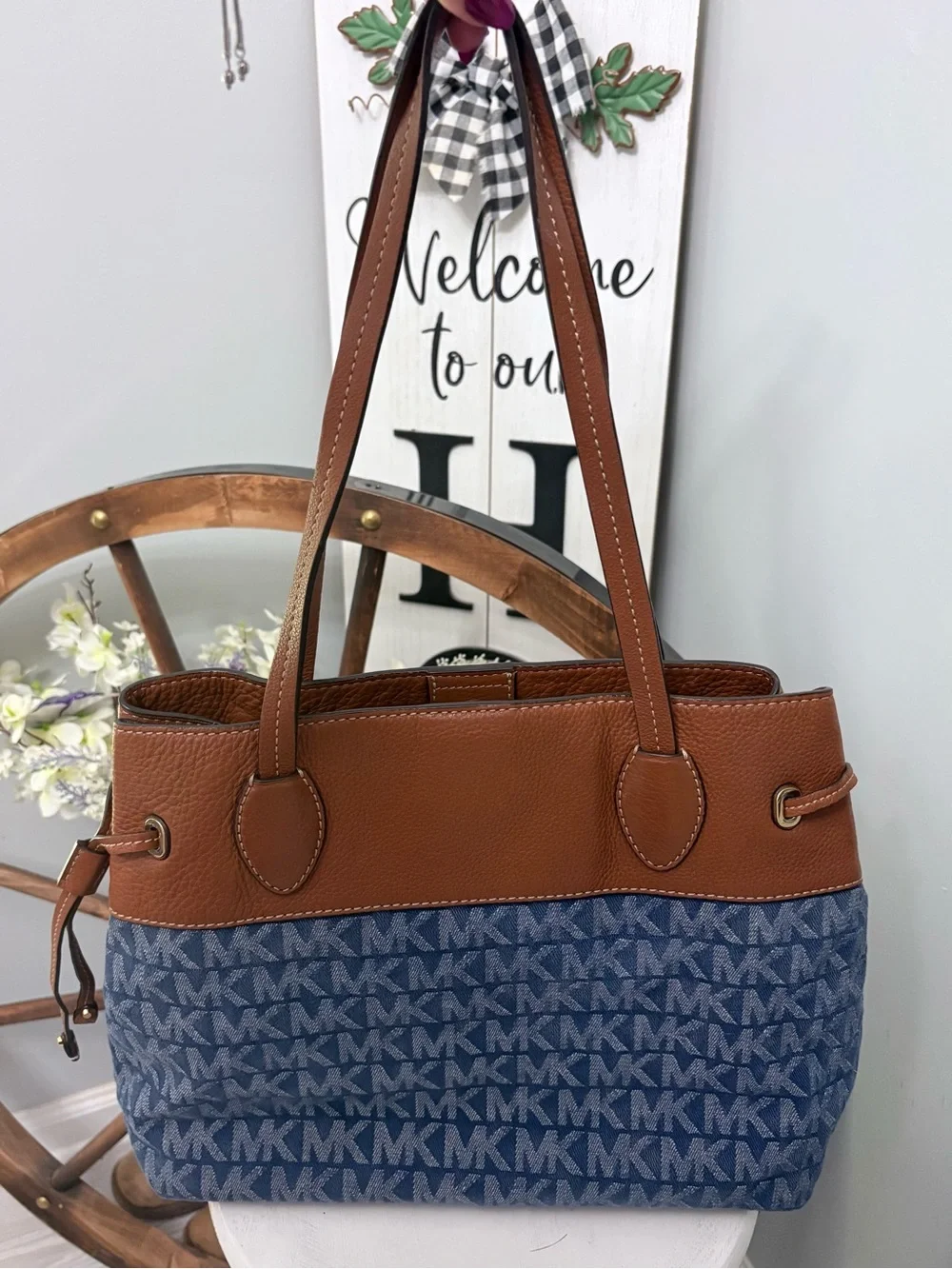 MICHAEL KORS Vintage MK Logo Denim Tote with Brown Leather Trim & Gold Charm